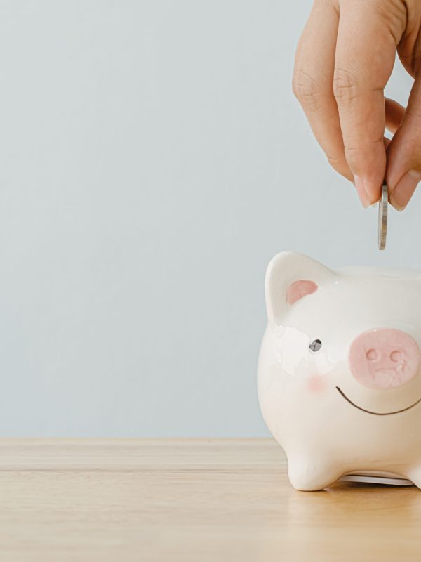 Concept of save money financial business investment. Hand of a man putting coins in piggy bank on wood table